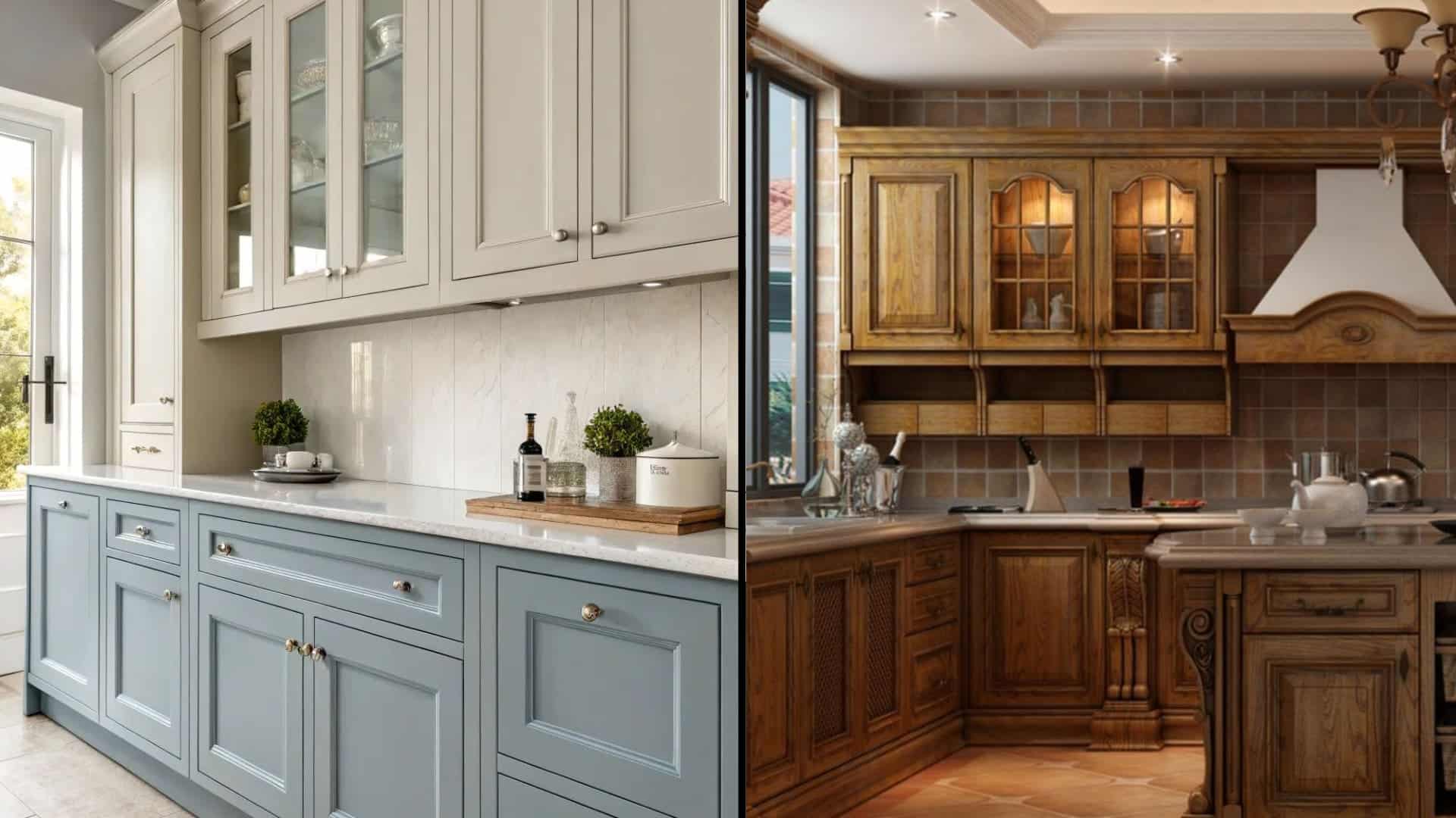 side by side close-up of shaker and traditional cabinet doors showing panel and molding differences
