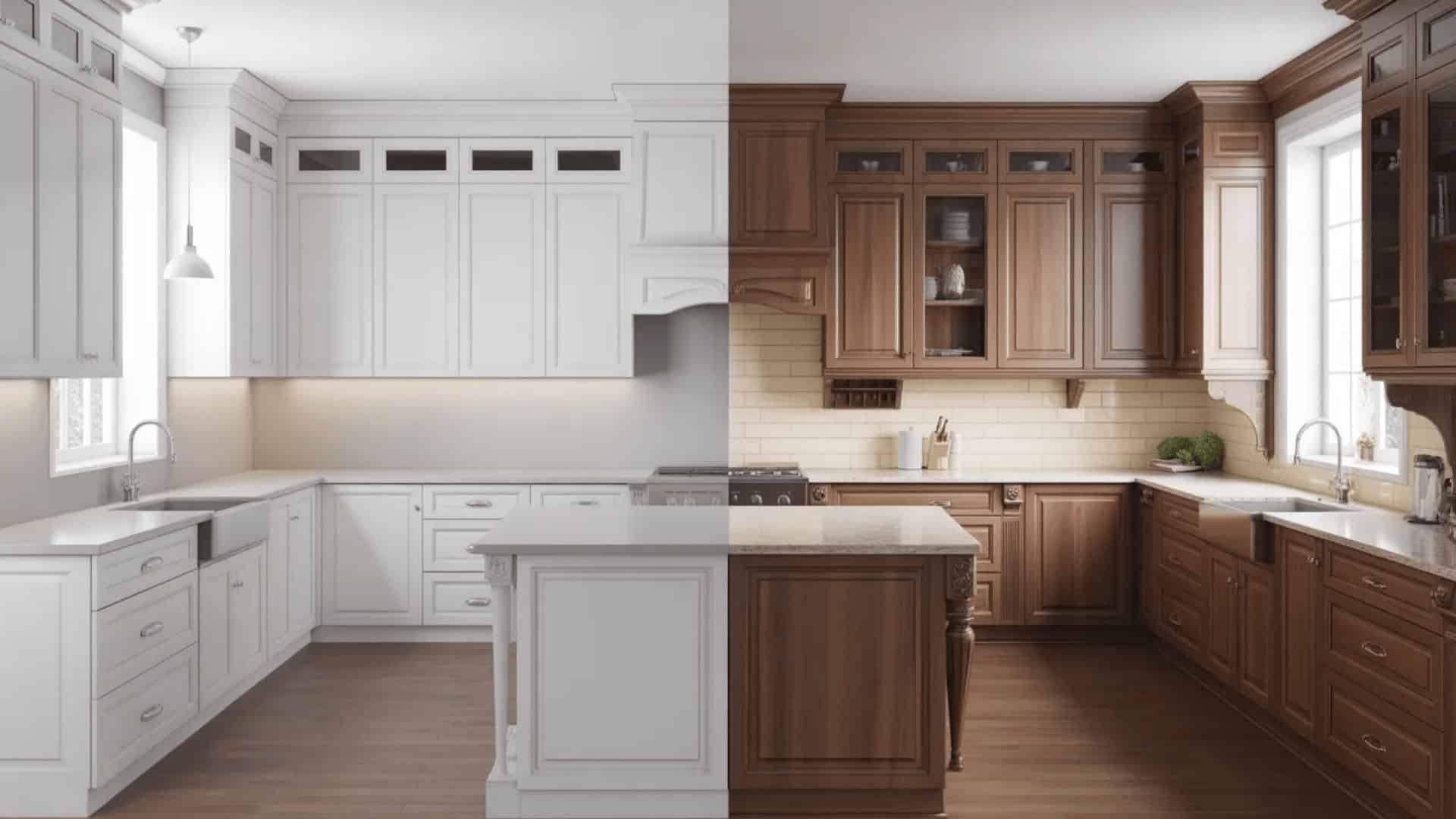 side-by-side comparison of white shaker cabinets and dark wood traditional cabinets in two kitchen styles