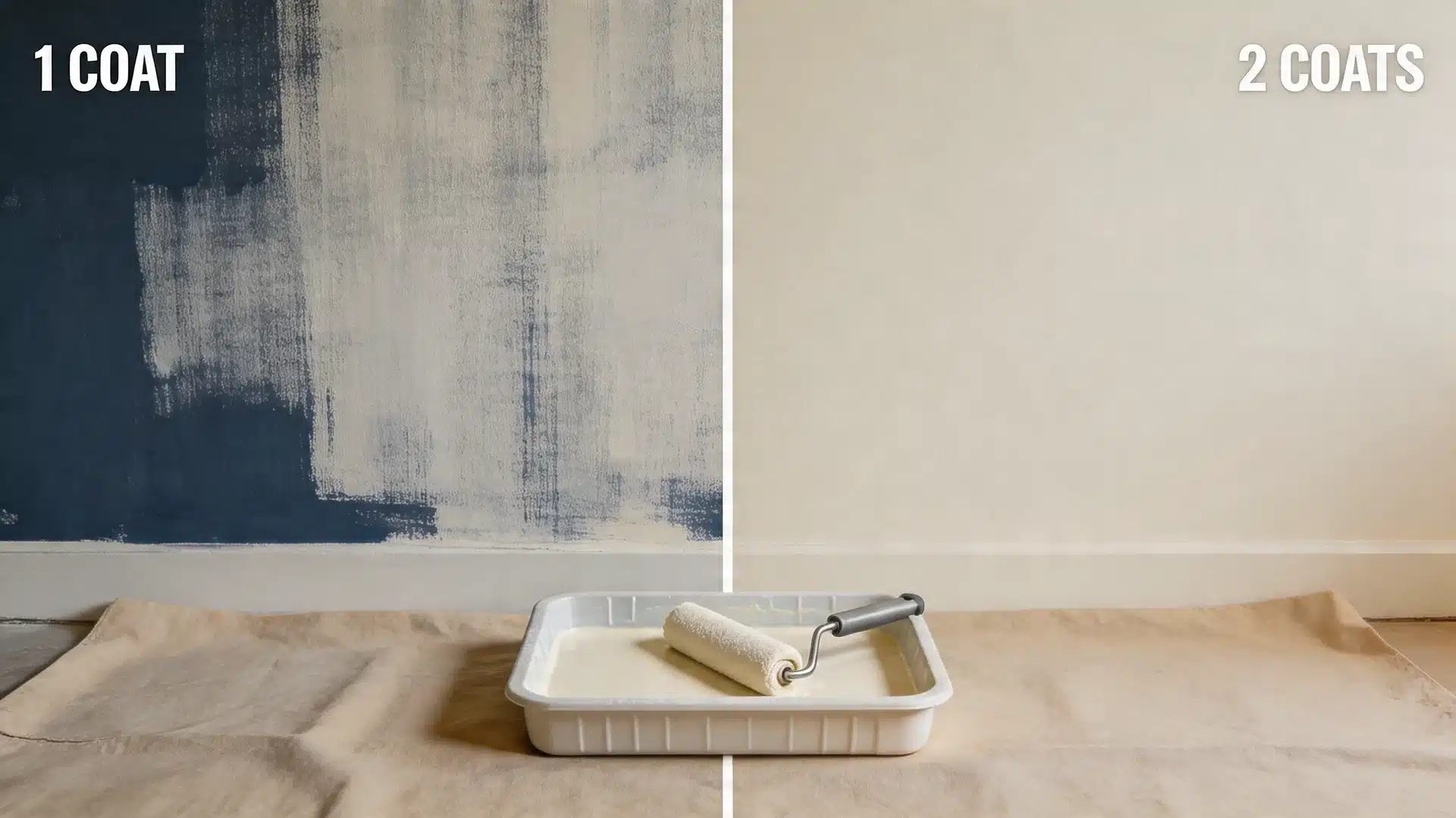 side by side wall painting comparison showing one coat with uneven coverage versus two coats with full coverage