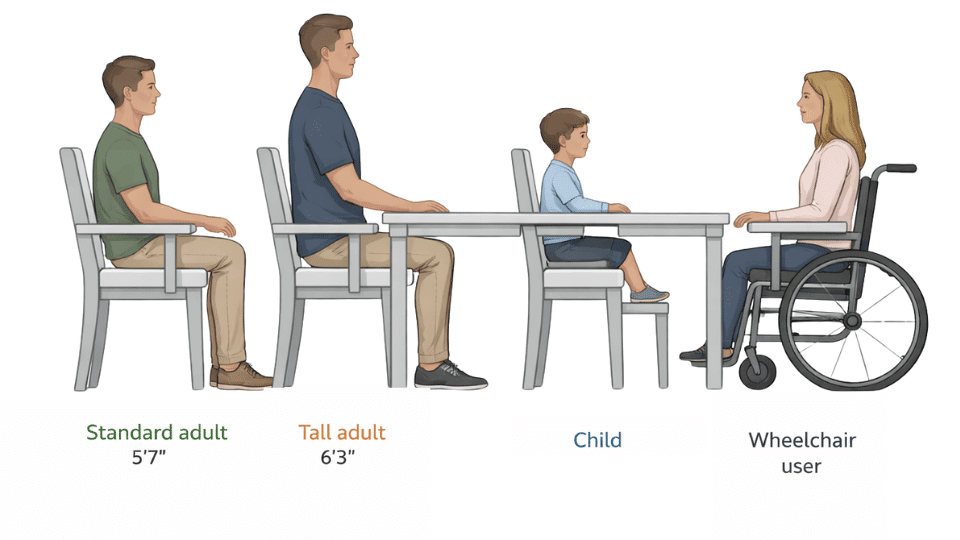 side profile illustration of a standard adult, tall adult, child, and wheelchair user seated at a dining table showing varied height needs
