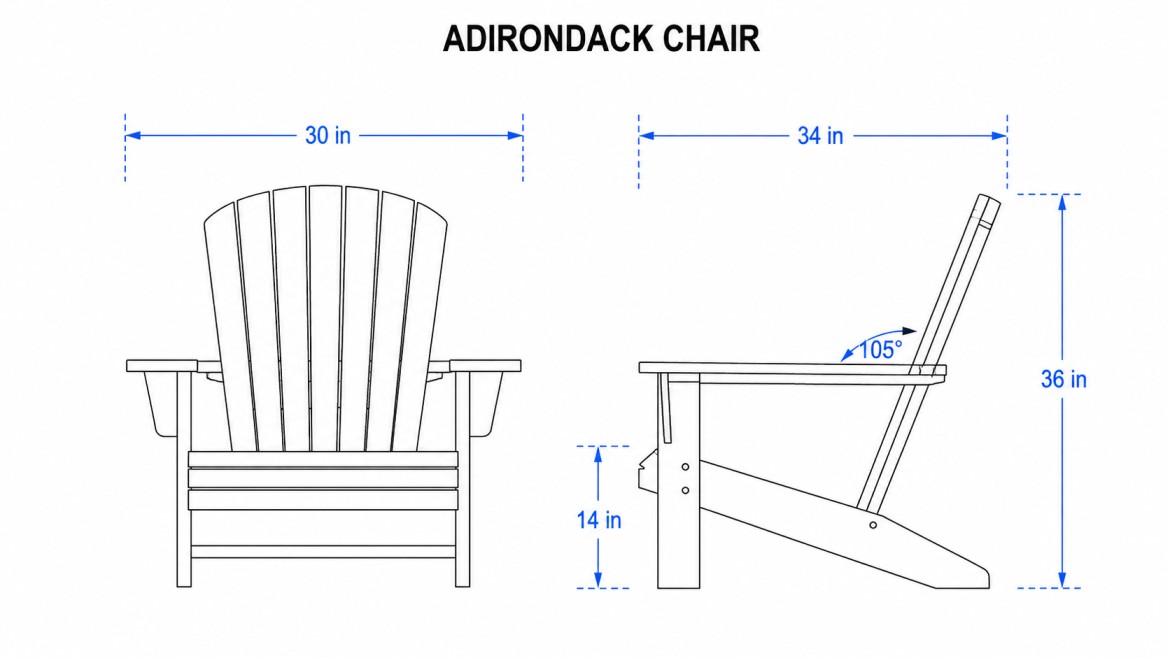 simple adirondack chair blueprint with front and side views and blue measurement lines