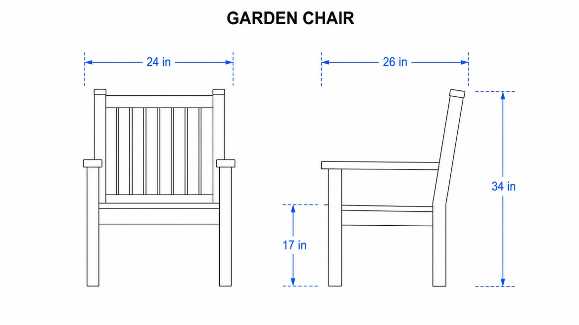 simple garden chair blueprint with front and side views and blue measurement lines