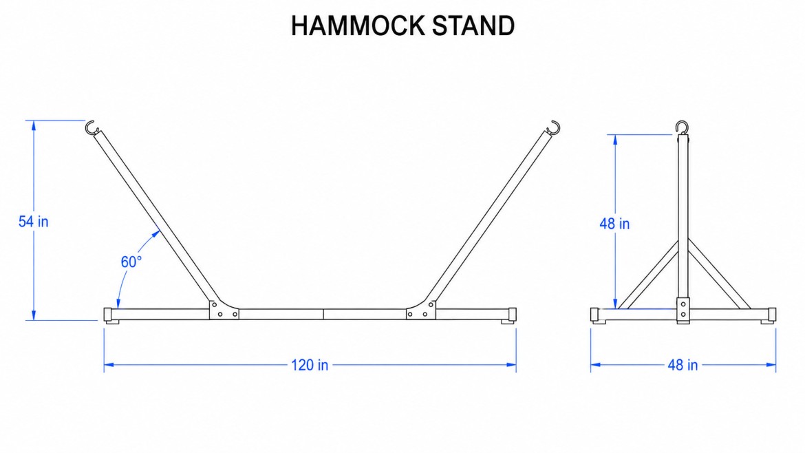 simple hammock stand blueprint with side and front views and blue measurement lines
