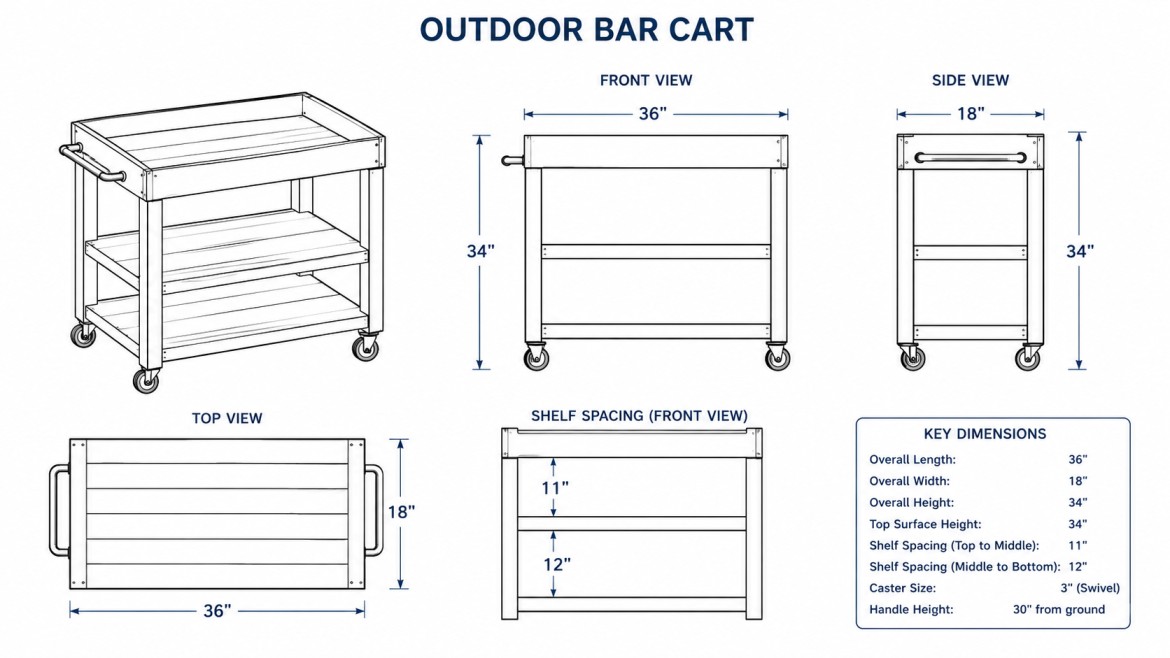 simple outdoor bar cart blueprint with front side and top views and blue measurement lines