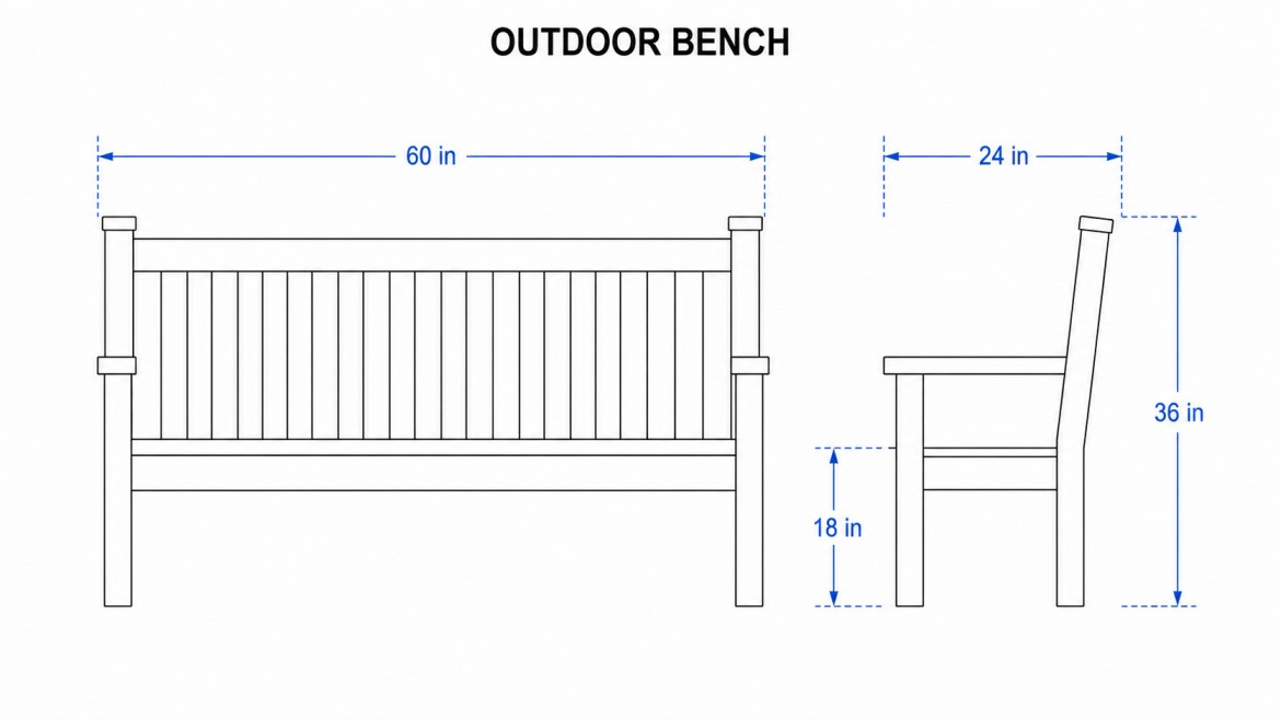 simple outdoor bench blueprint with front and side views and blue measurement lines