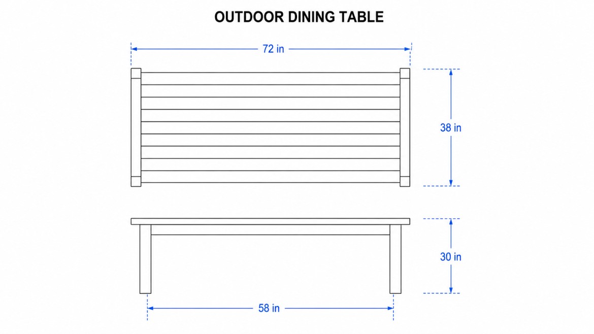 simple outdoor dining table blueprint with top and front views and blue measurement lines