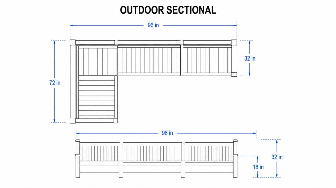 simple outdoor sectional blueprint with top and front views and blue measurement lines