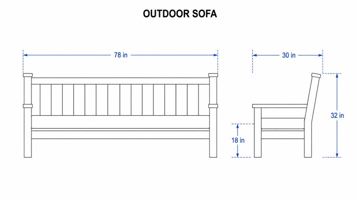 simple outdoor sofa blueprint with front and side views and blue measurement lines