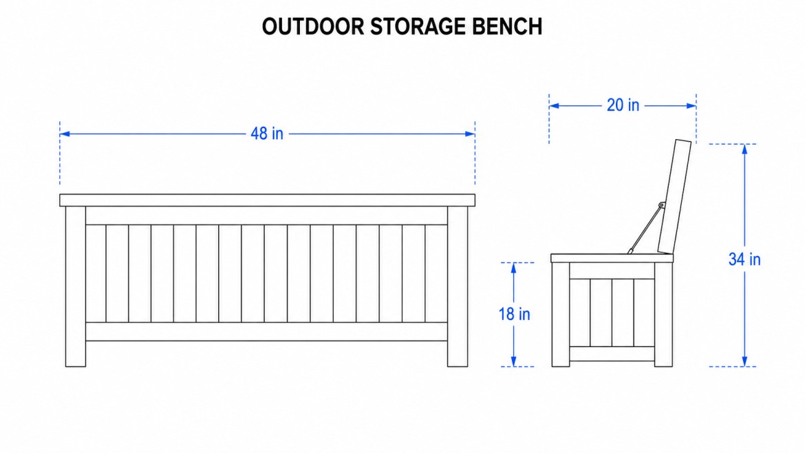simple outdoor storage bench blueprint with front and side views and blue measurement lines