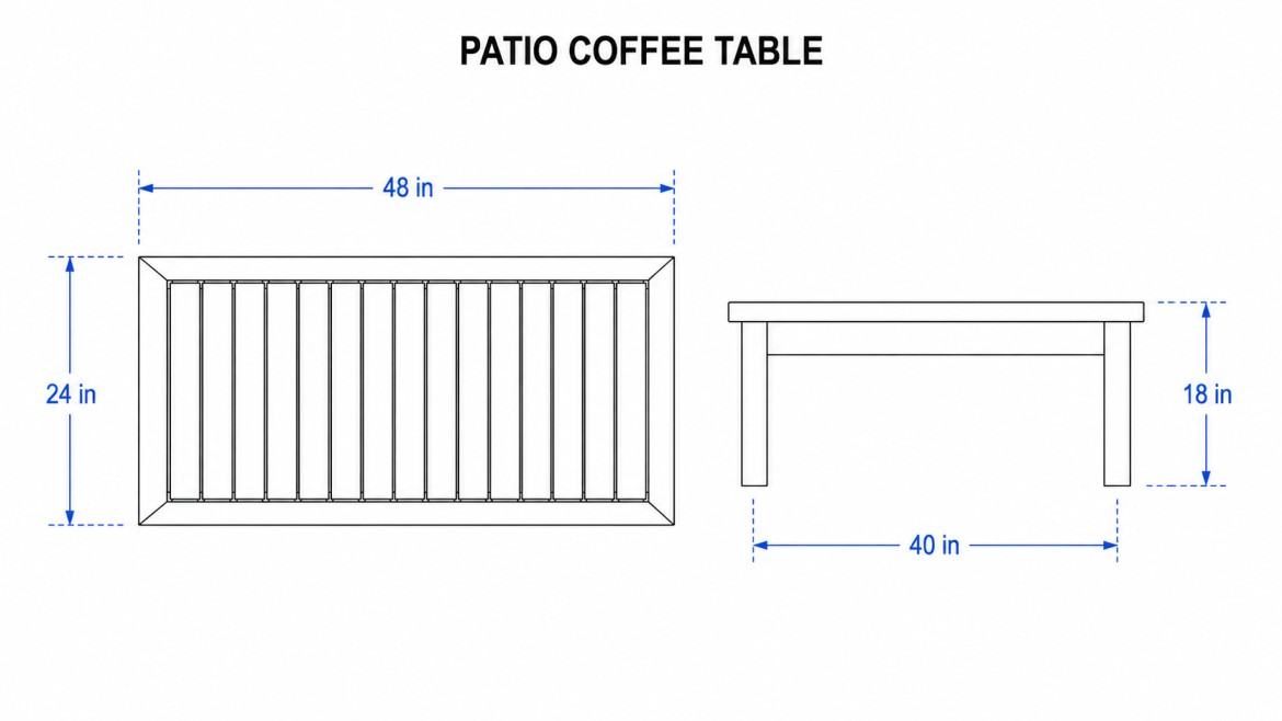 simple patio coffee table blueprint with top and side views and blue measurement lines