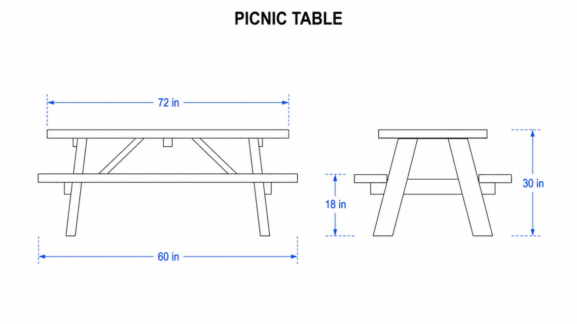 simple picnic table blueprint with front and side views and blue measurement lines