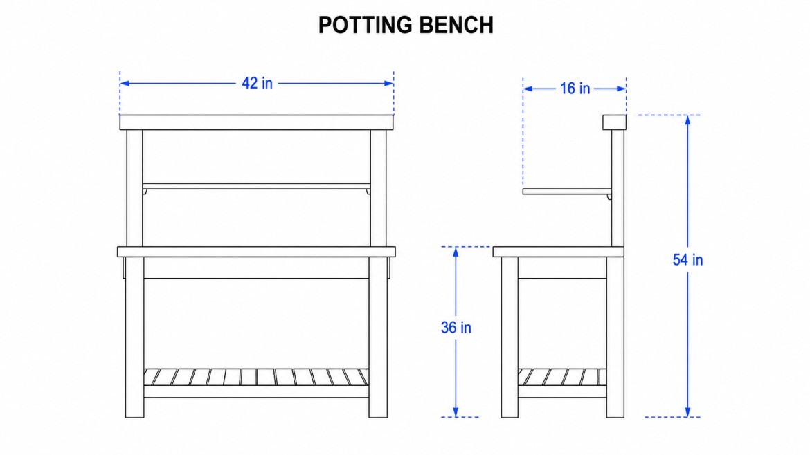 simple potting bench blueprint with front and side views and blue measurement lines