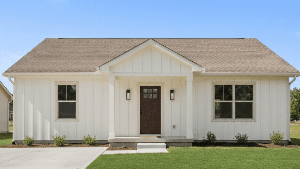 Single story warm white home with brown roof, dark wood door, beige trim, and clean green front lawn under blue sky