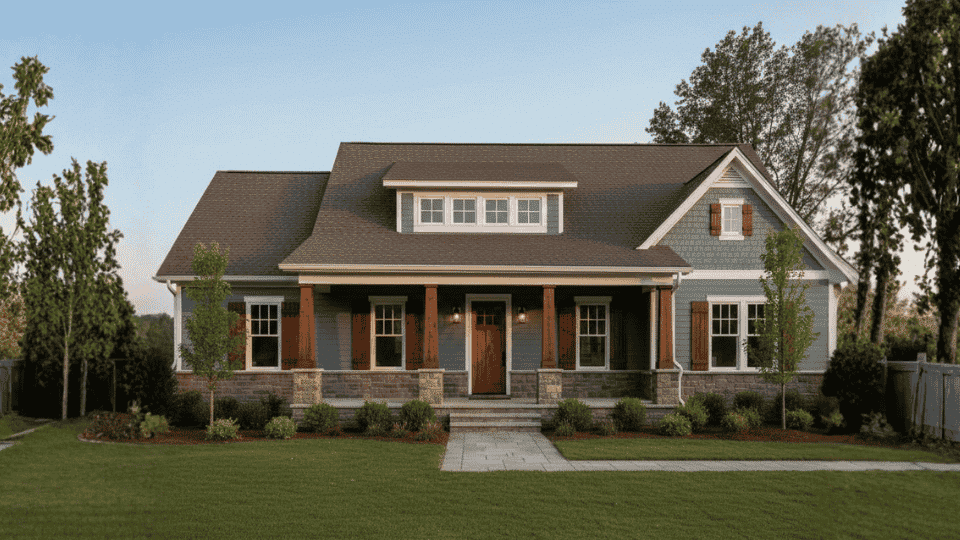 Slate blue craftsman home with dark brown roof, wood shutters, stone porch, and wide green lawn at sunset