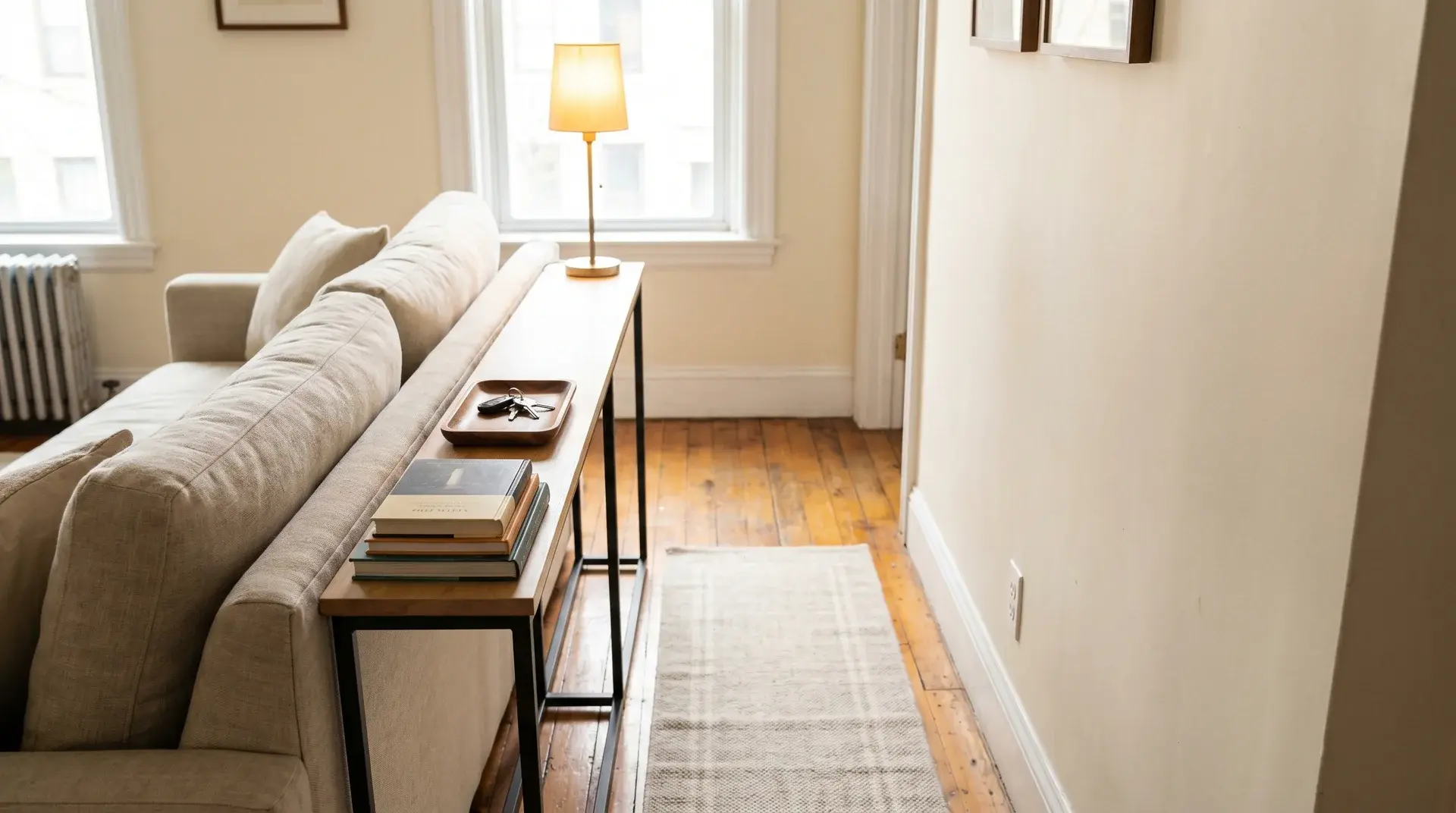 slim sofa table behind couch in narrow space with lamp tray books and clear walkway (1)