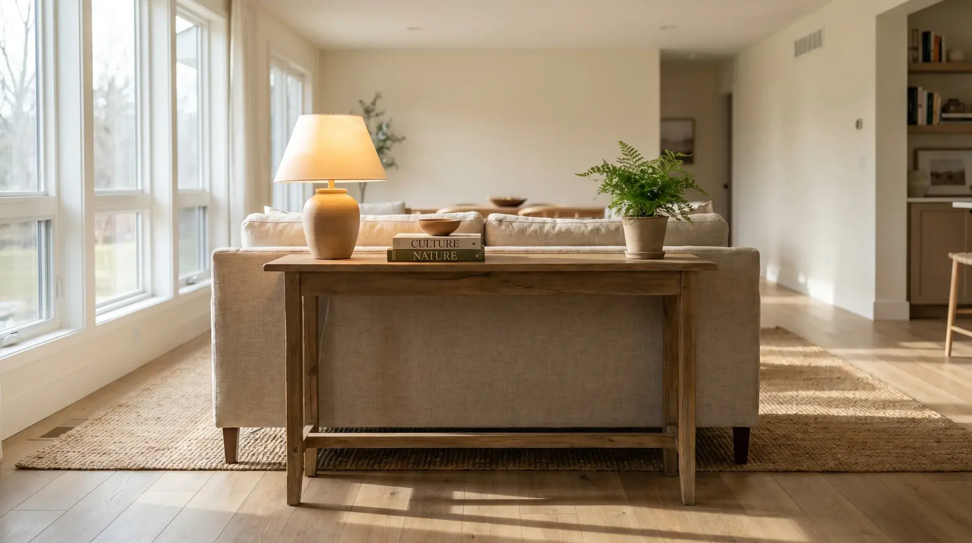 slim wooden sofa table behind neutral sofa with lamp books plant and bowl in a bright modern living room (1)
