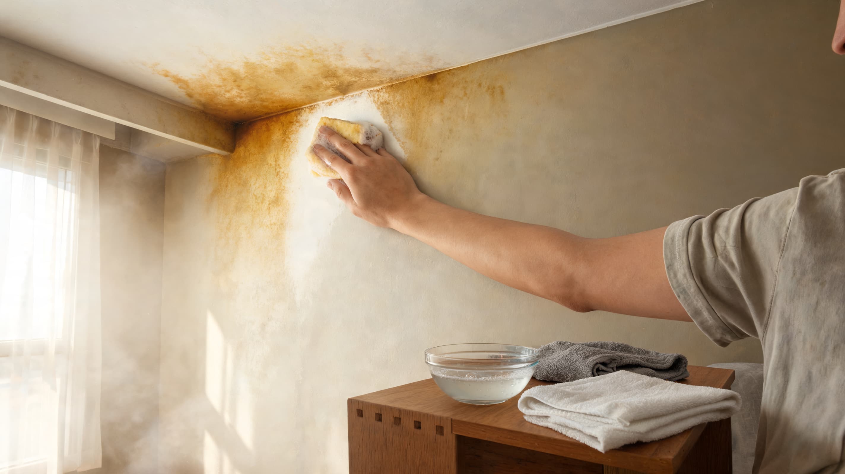 smoke stained wall being cleaned with sponge showing contrast between dull and cleaned paint surface indoor room scene