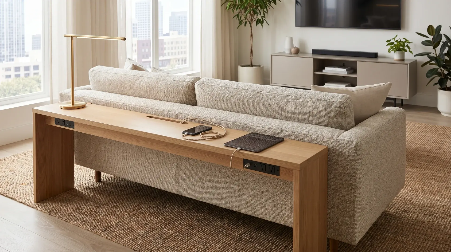 sofa table with outlets behind couch charging phone and tablet beside a slim table lamp (1)