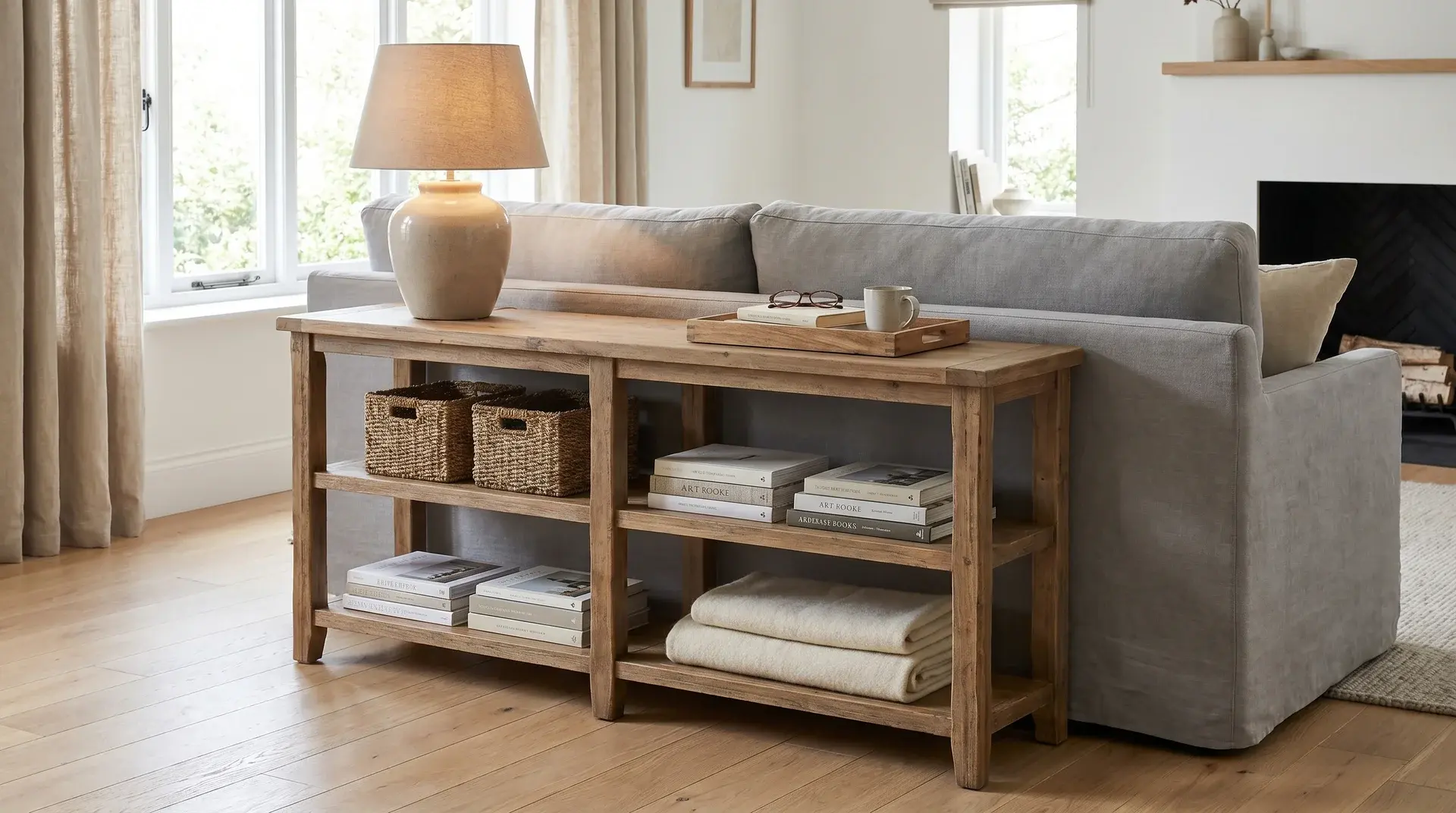 sofa table with shelves behind couch holding baskets books blanket lamp and tray in living room (1)