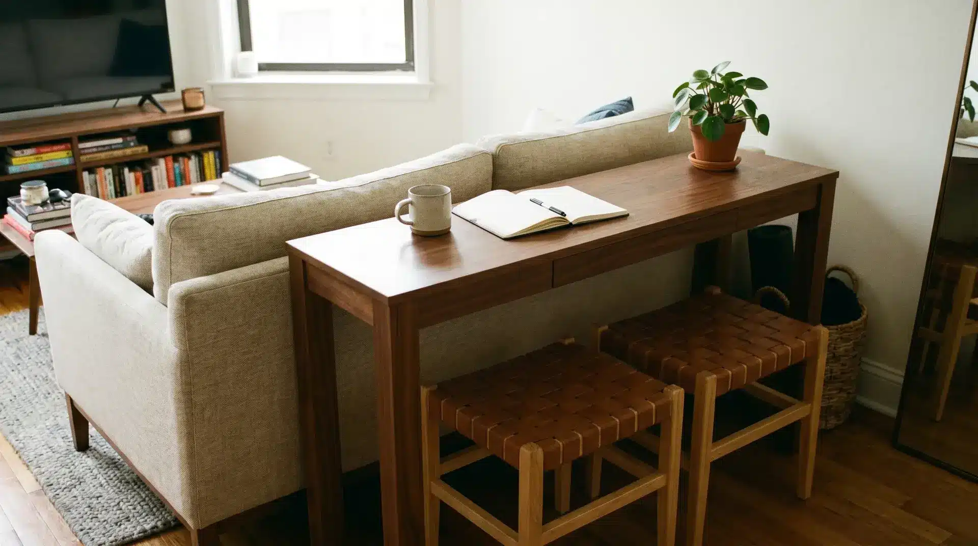 sofa table with stools behind couch creating extra seating and small work surface in apartment_