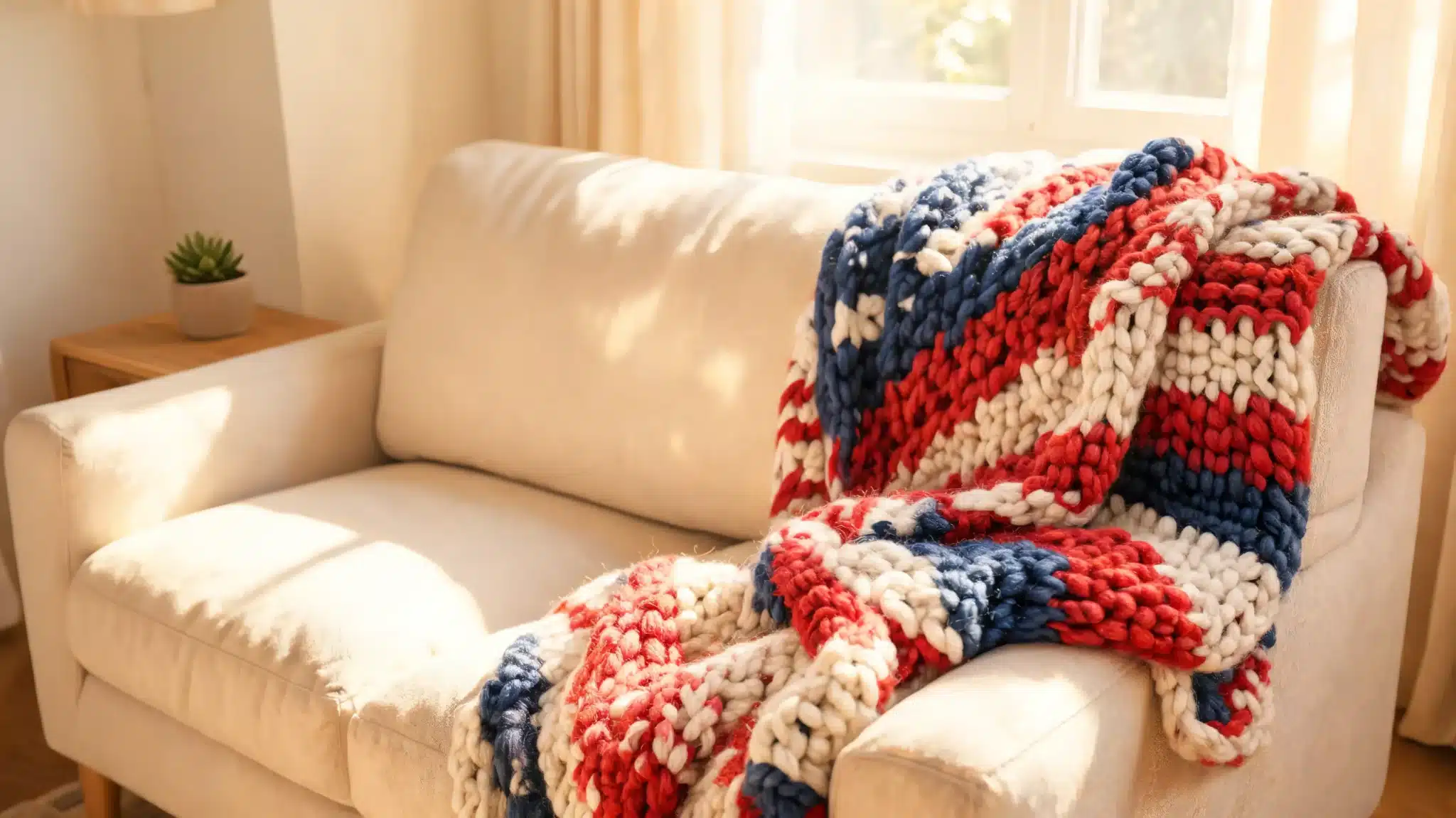 sofa with red white blue throw blanket