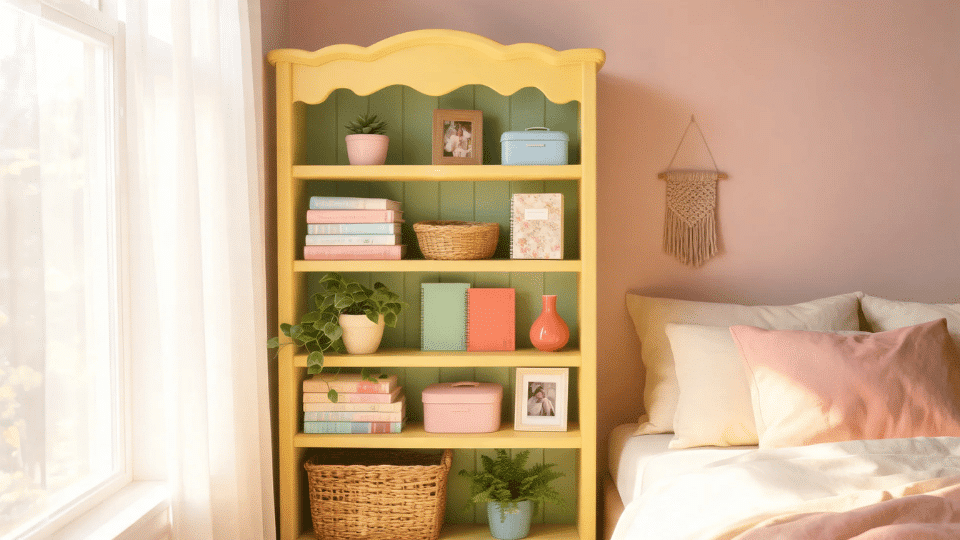soft colorful bookshelf styled with journals plants and ceramics