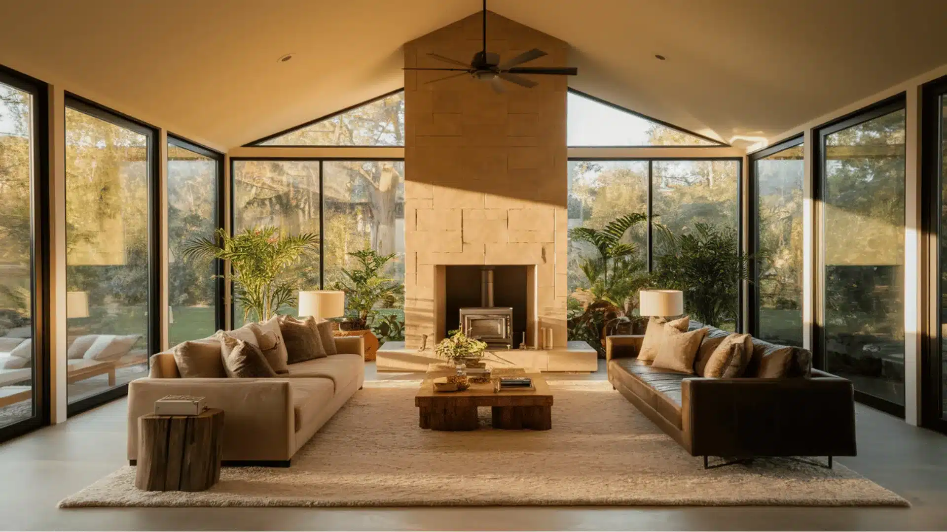spacious and well-lit living room with a vaulted ceiling the room features three large windows on one side, allowing ample natural light to flood in