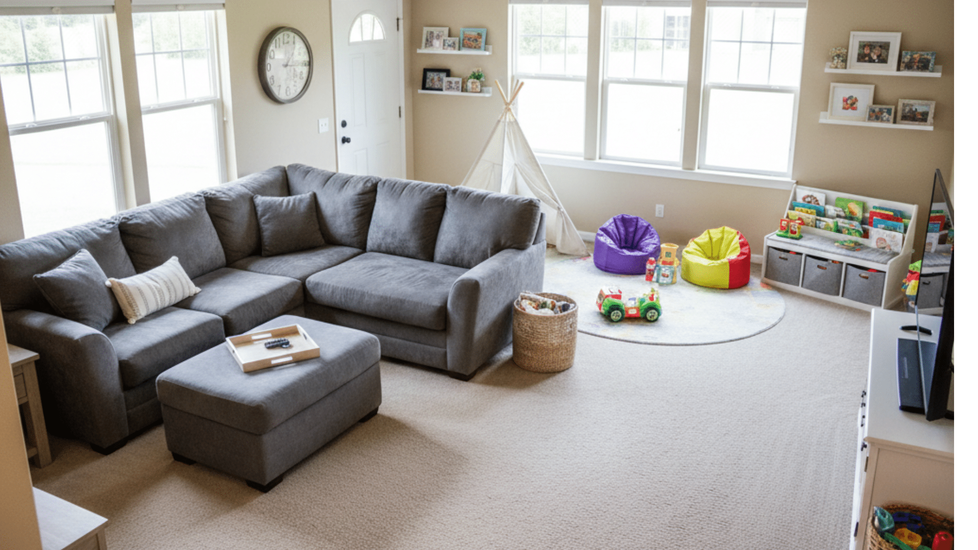 spacious family room with a grey sectional sofa and ottoman, featuring a dedicated kids' play area with colorful bean bags