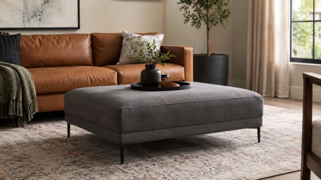 Spacious living room with a brown leather sofa, large gray ottoman, and a black tray holding a vase.