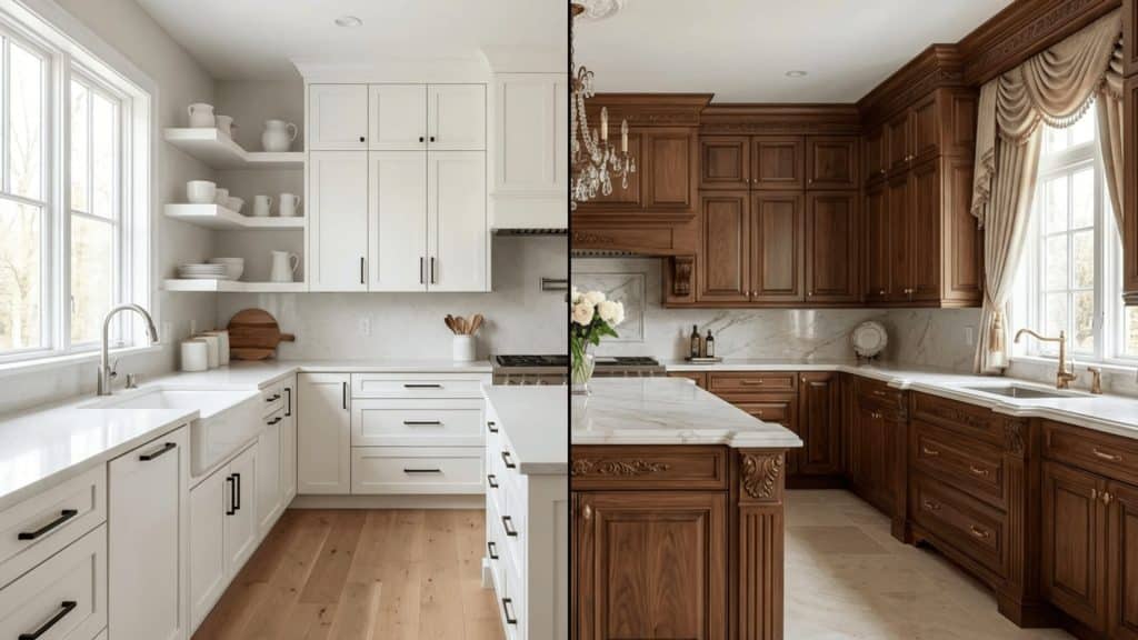 split kitchen showing white shaker cabinets on the left and dark traditional cabinets with crown molding on the right