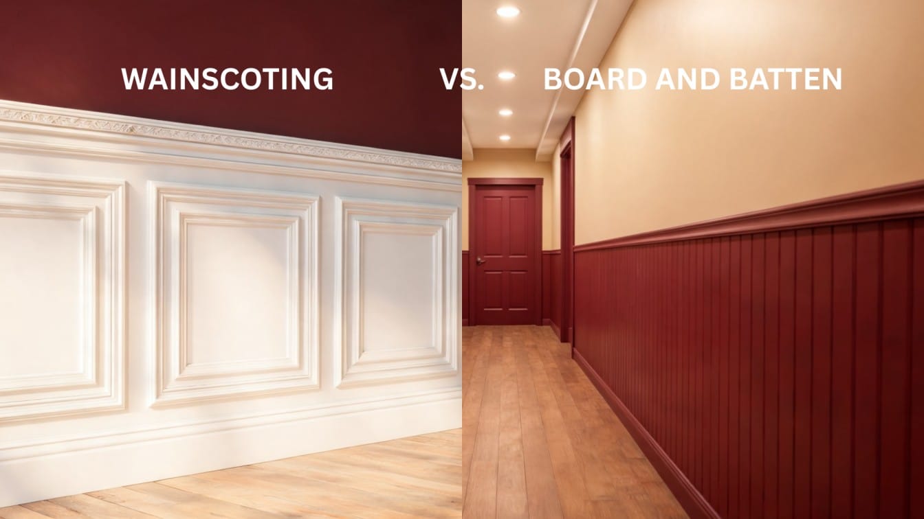 comparison of wainscoting diy styles showing classic wainscoting vs board and batten look