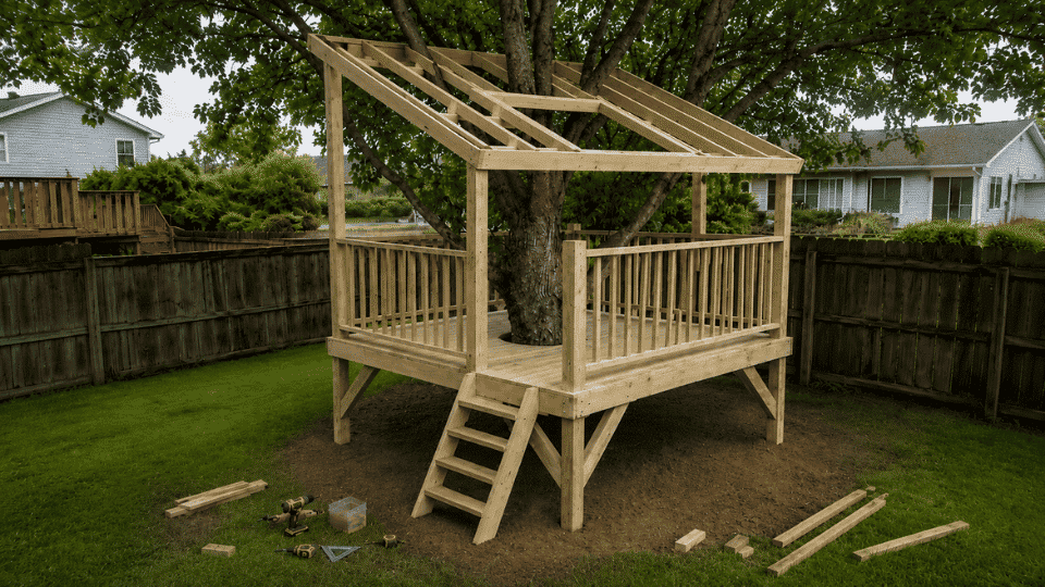 square sloped roof frame built above an 8x8 kids treehouse deck