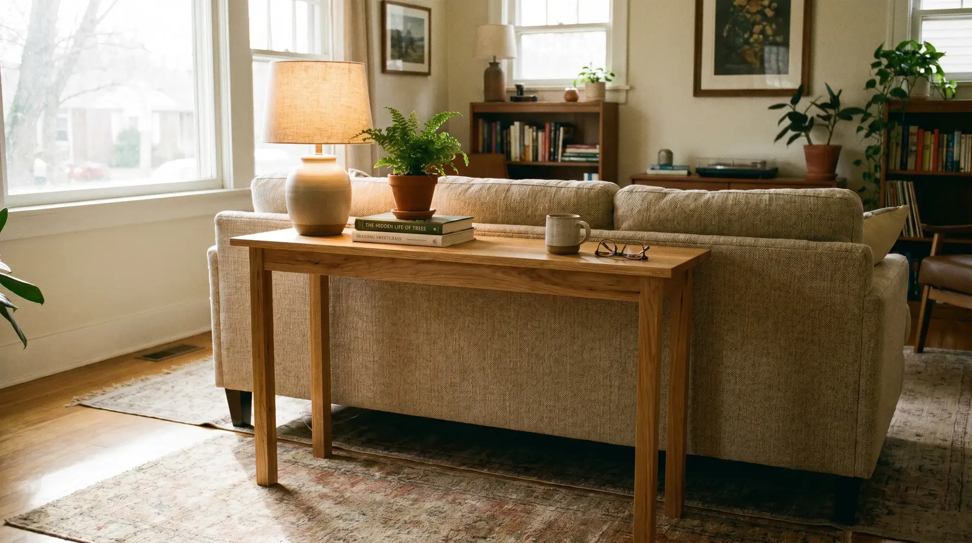 standard wooden sofa table behind beige sofa with lamp books and plant in warm living room (1)