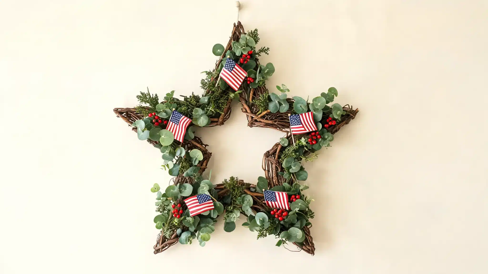 star-shaped grapevine wreath with greenery, berries, and small american flags