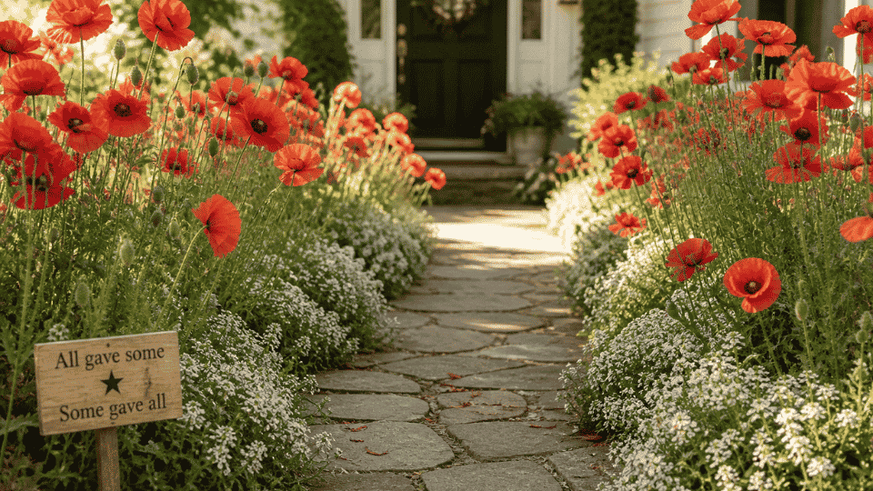 stone garden path lined with red poppies and white flowers leading to front door