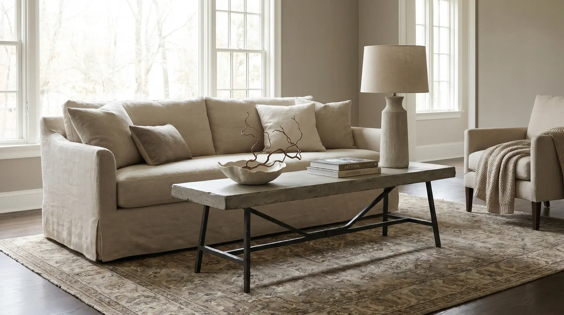 stone look sofa table behind neutral sofa with bowl lamp and books in larger living room (1)