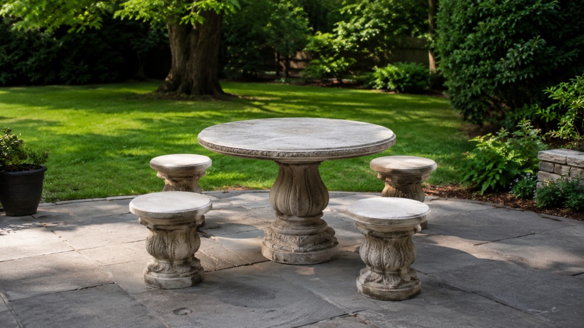 Stone outdoor table with four matching stools on a patio surrounded by lush green grass and trees