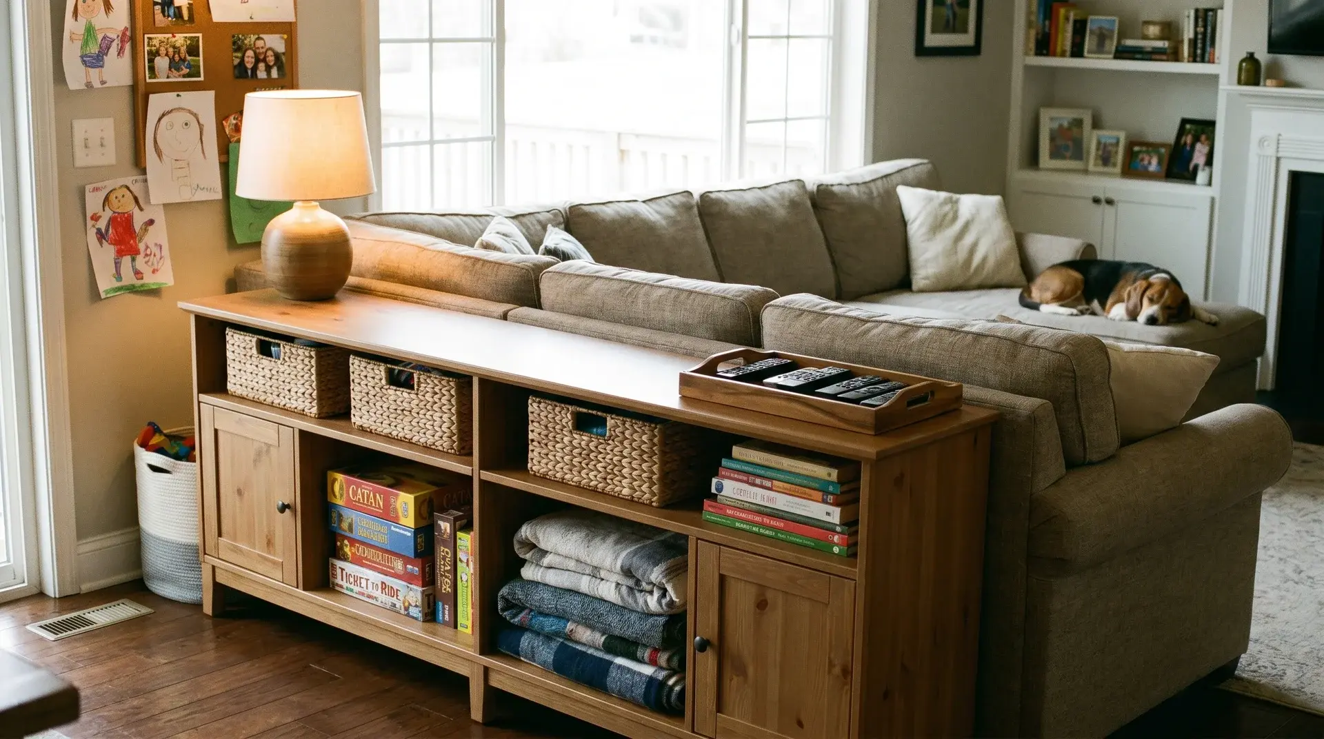 storage sofa table behind couch with baskets games blankets books lamp and tray in family room (1)