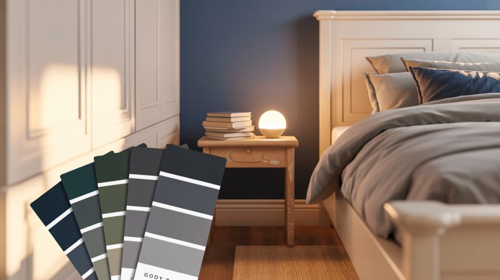 styled boys bedroom corner with navy blue accent wall white bed frame gray bedding and paint swatches in natural light