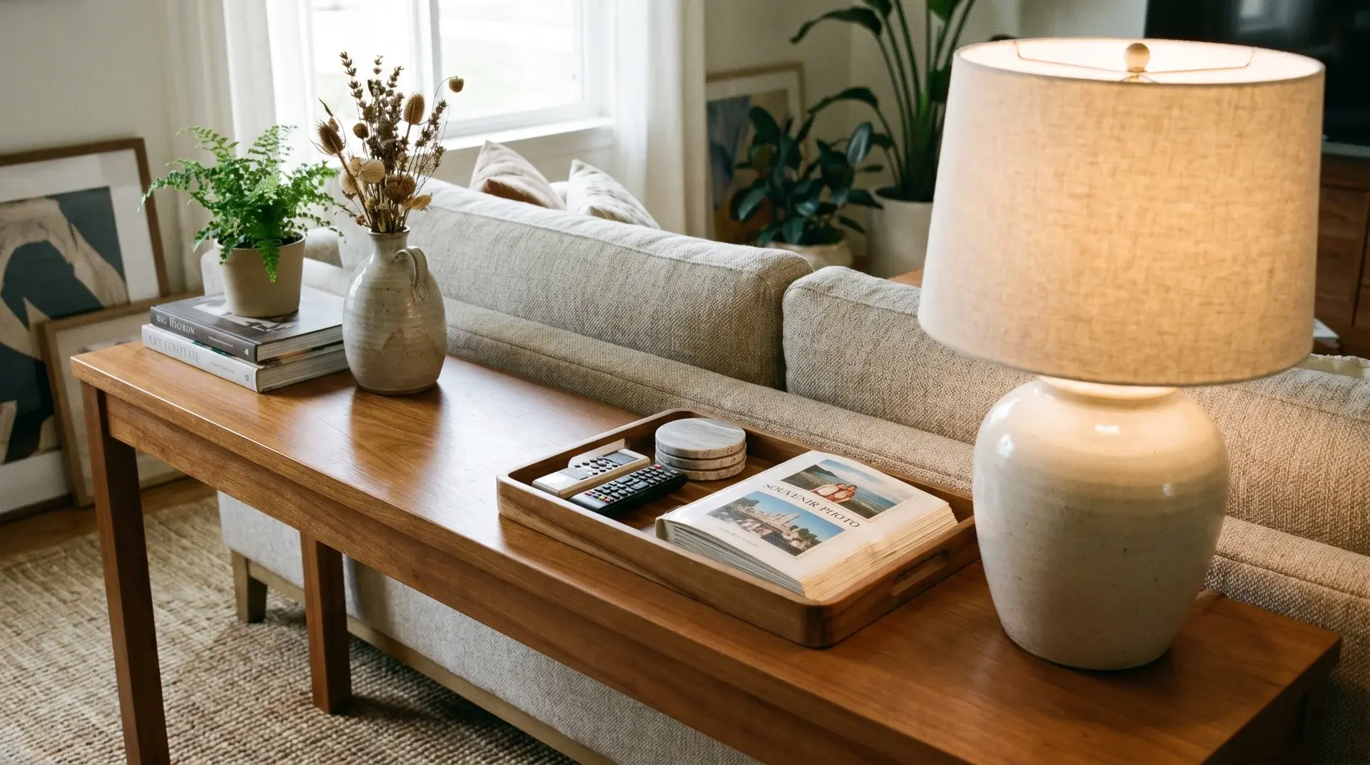 styled sofa table with lamp tray books vase and plant behind couch in natural light with album photo (1)