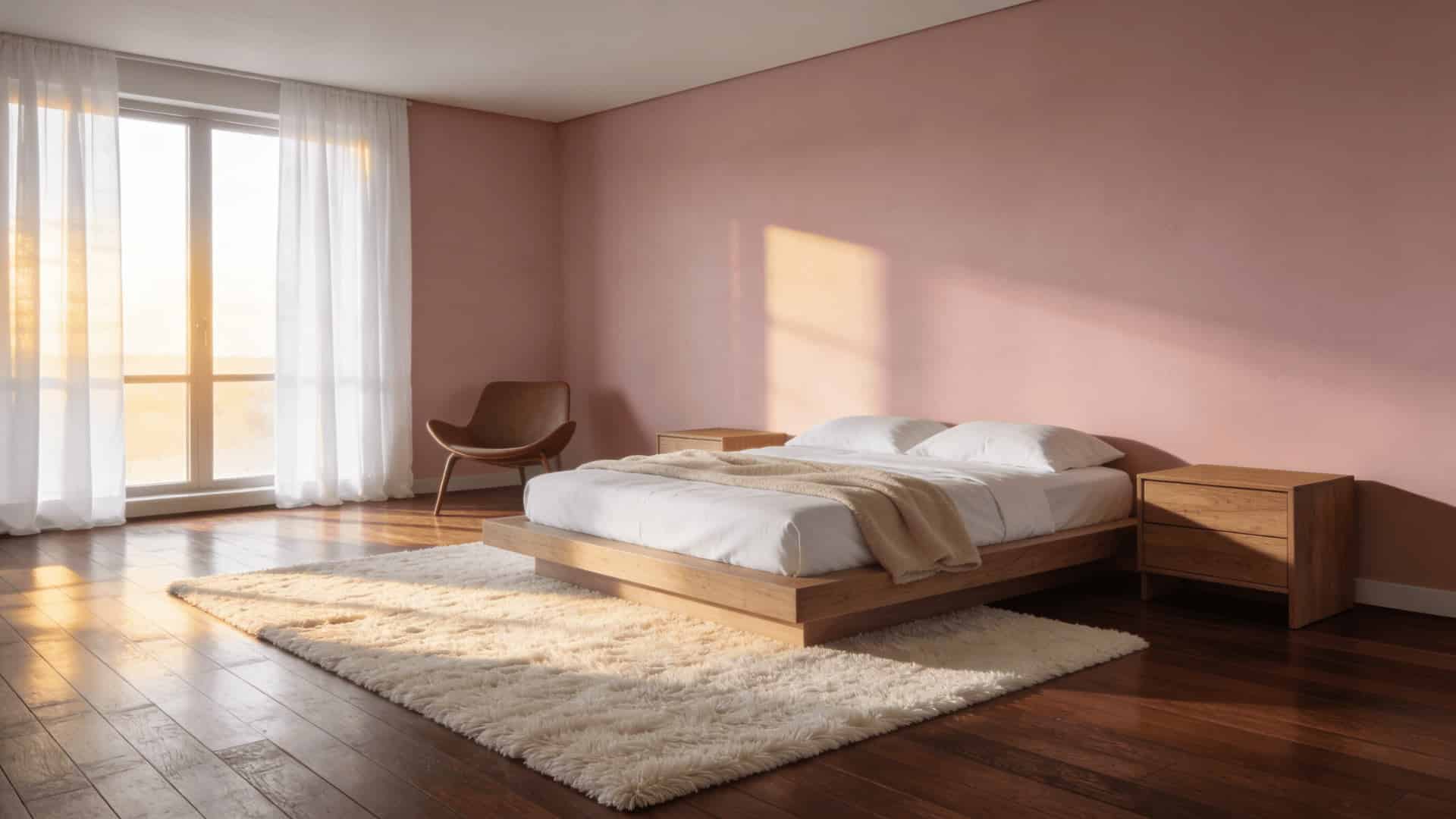 stylish bedroom with soft blush pink walls and dark walnut hardwood floors with warm afternoon light and minimal furniture