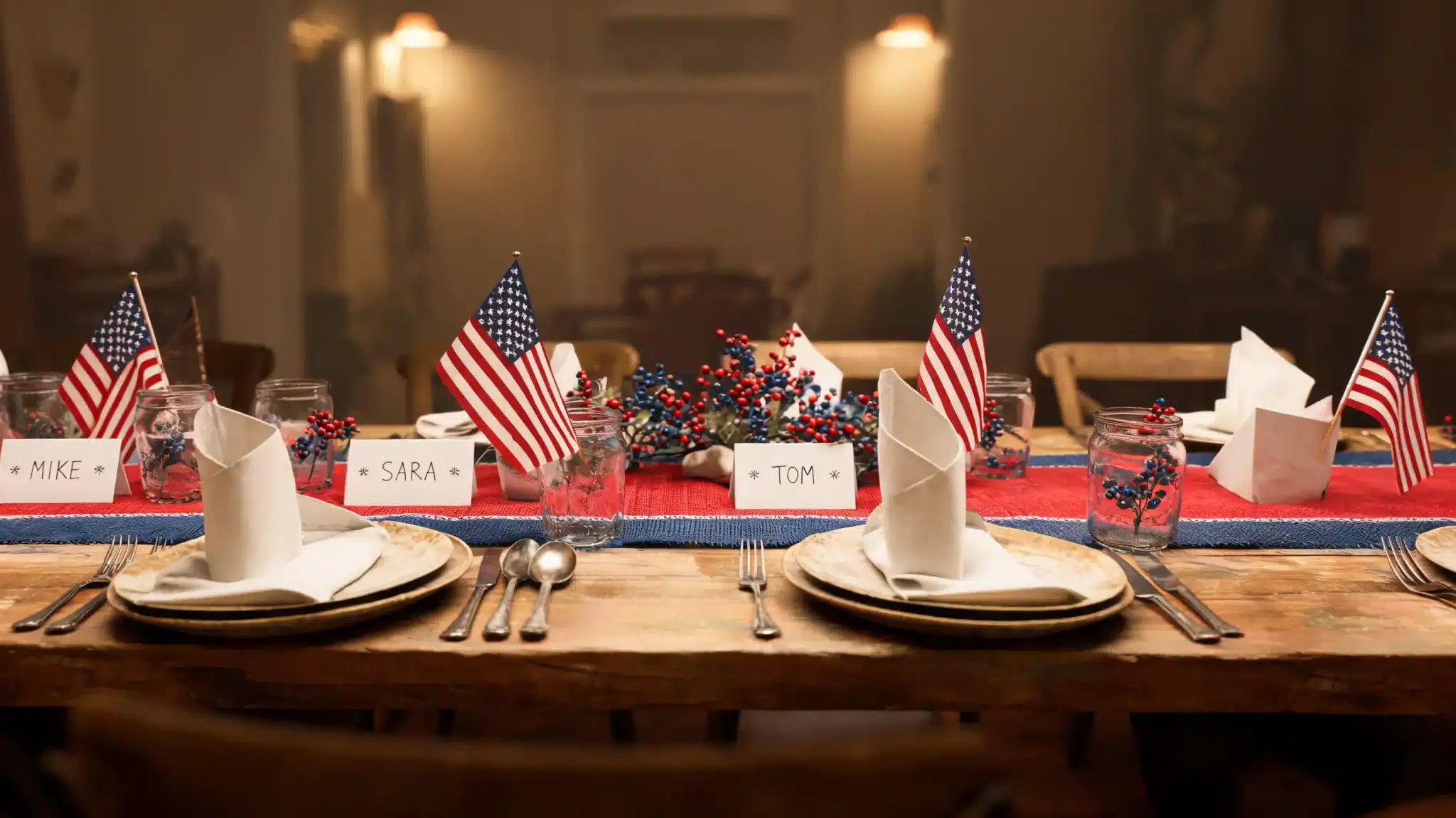 table setting with small american flags