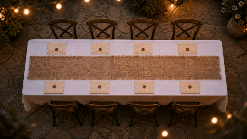 table with burlap runner and sealed aged letters at each seat top down patio dusk lighting