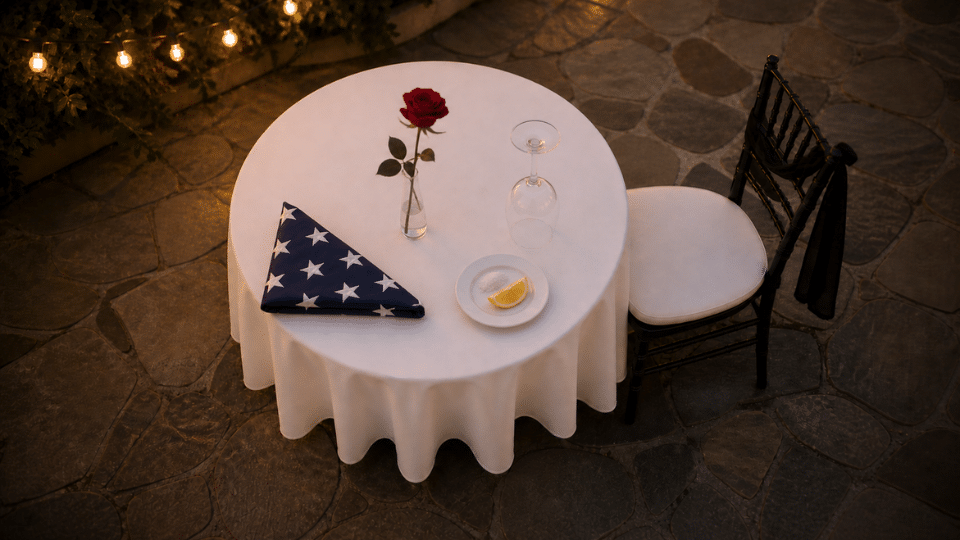 table with flag inverted glass lemon slice salt and rose on white cloth chair with ribbon