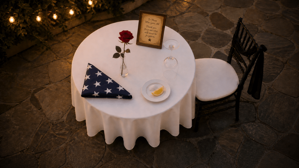 table with framed parchment card rose flag lemon salt glass and ribbon chair top down view