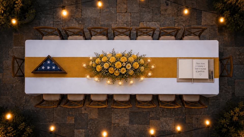 table with guest book pens yellow roses candles and flag display patio dusk top down