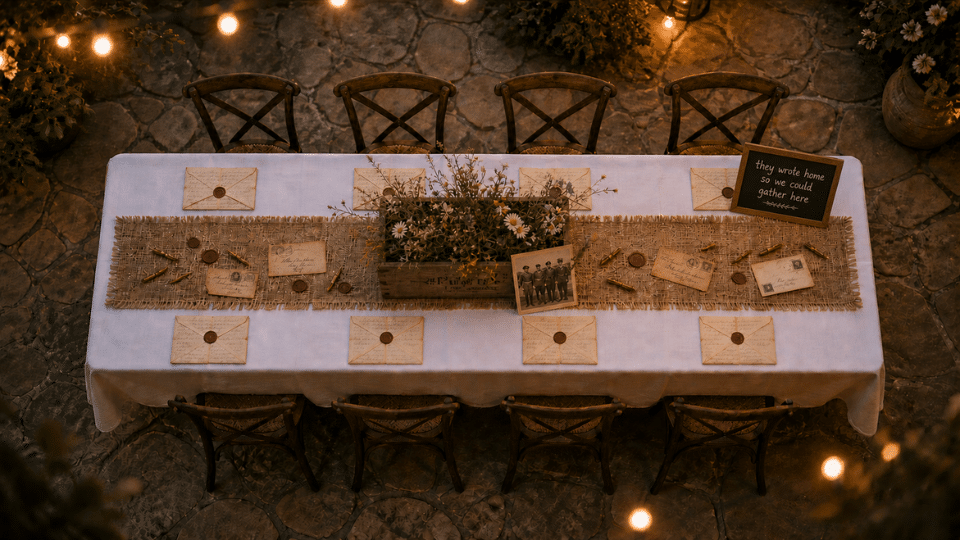 table with letters crate accents and small chalkboard sign at end patio dusk top down view