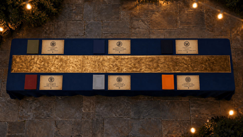 table with navy cloth gold runner place cards and colored napkins neatly arranged top down
