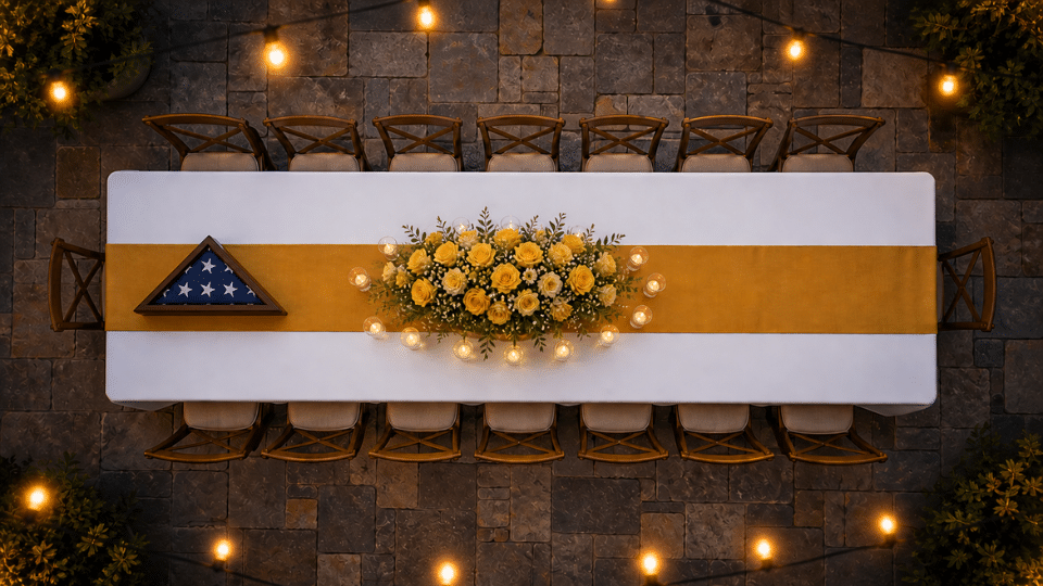 table with yellow roses candles and folded flag display at one end patio dusk top down