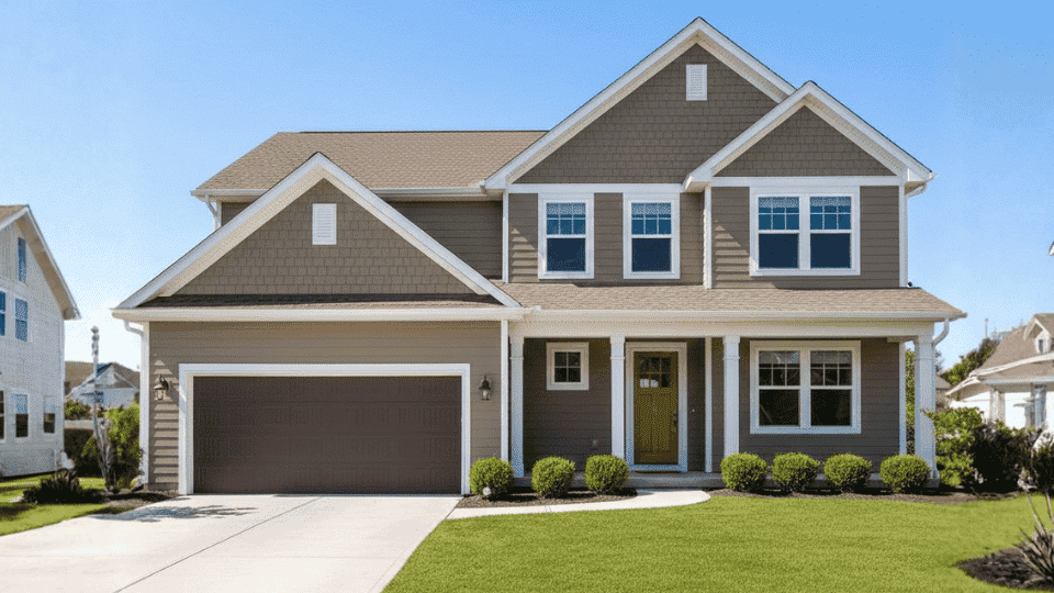 Taupe siding with brown roof, white trim, bronze lights, and dark brown garage door on a sunny day
